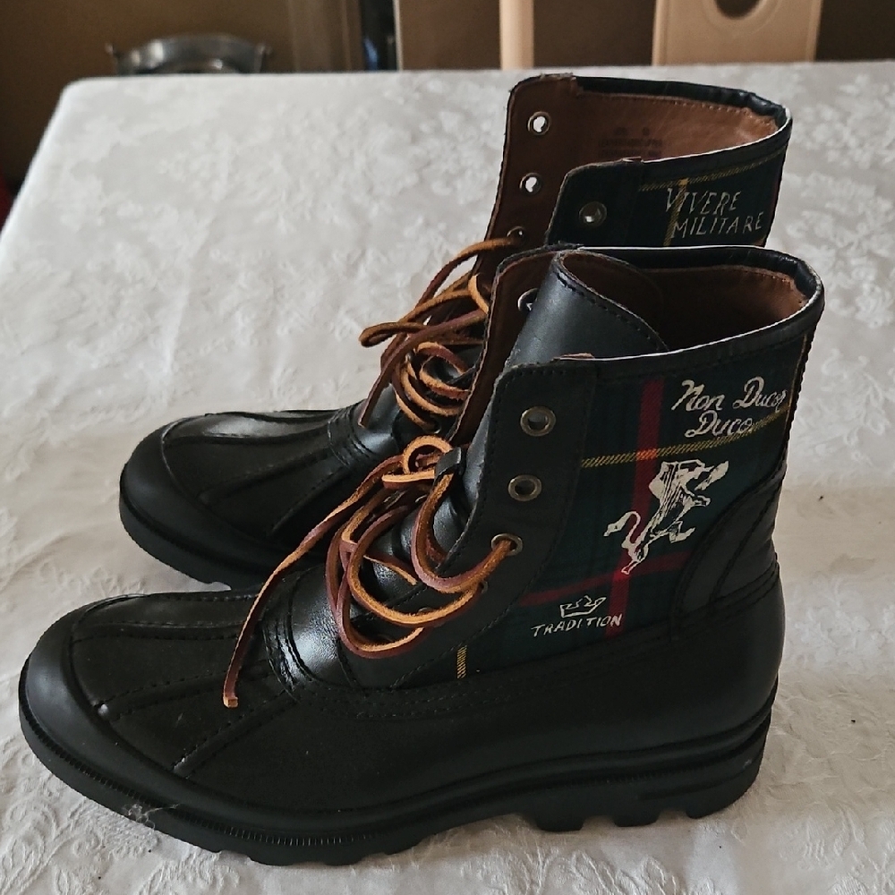 Ralph Lauren Black Leather And Canvas Combat Military Style Boots. Mens Size 10